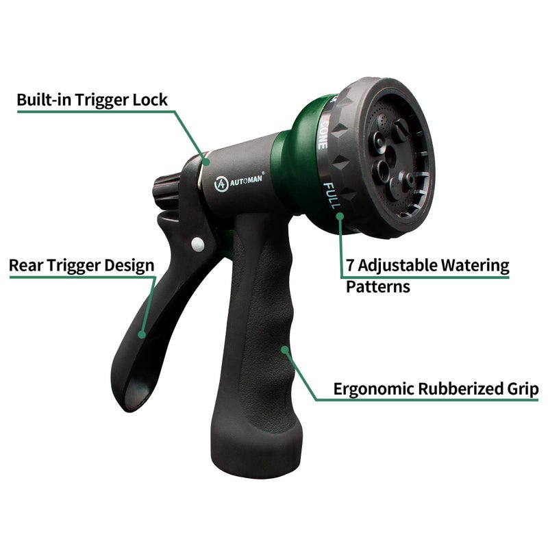 AUTOMAN-Garden-Hose-Nozzle, ABS Water Spray Nozzle with 7 Adjustable Watering Patterns, Slip Resistant for Watering Plants, Lawn& Garden, Washing Cars, Cleaning, Showering Pets & Outdoor Fun. - Image 2